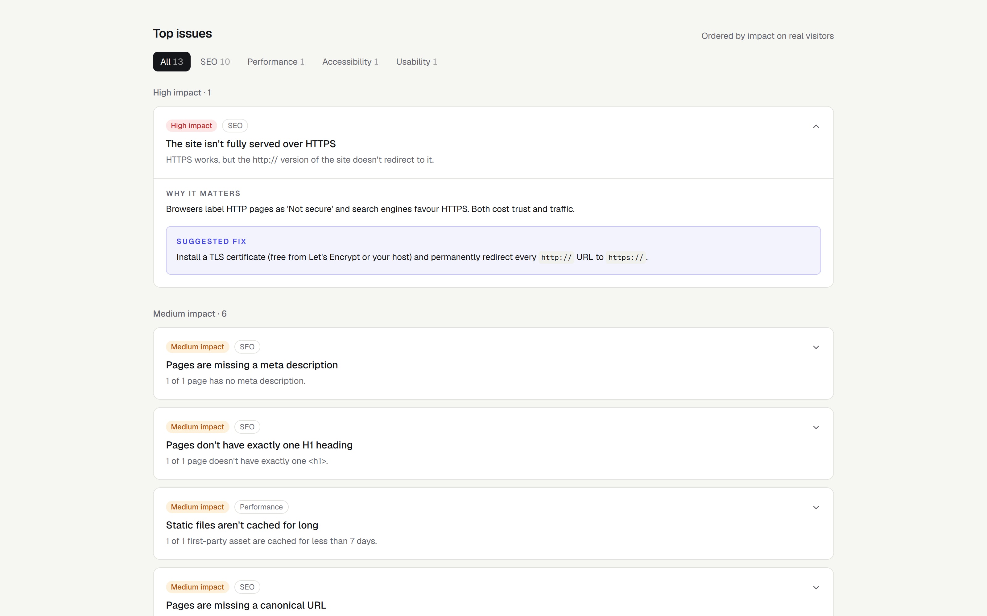 AI Website Auditor — Issue explorer