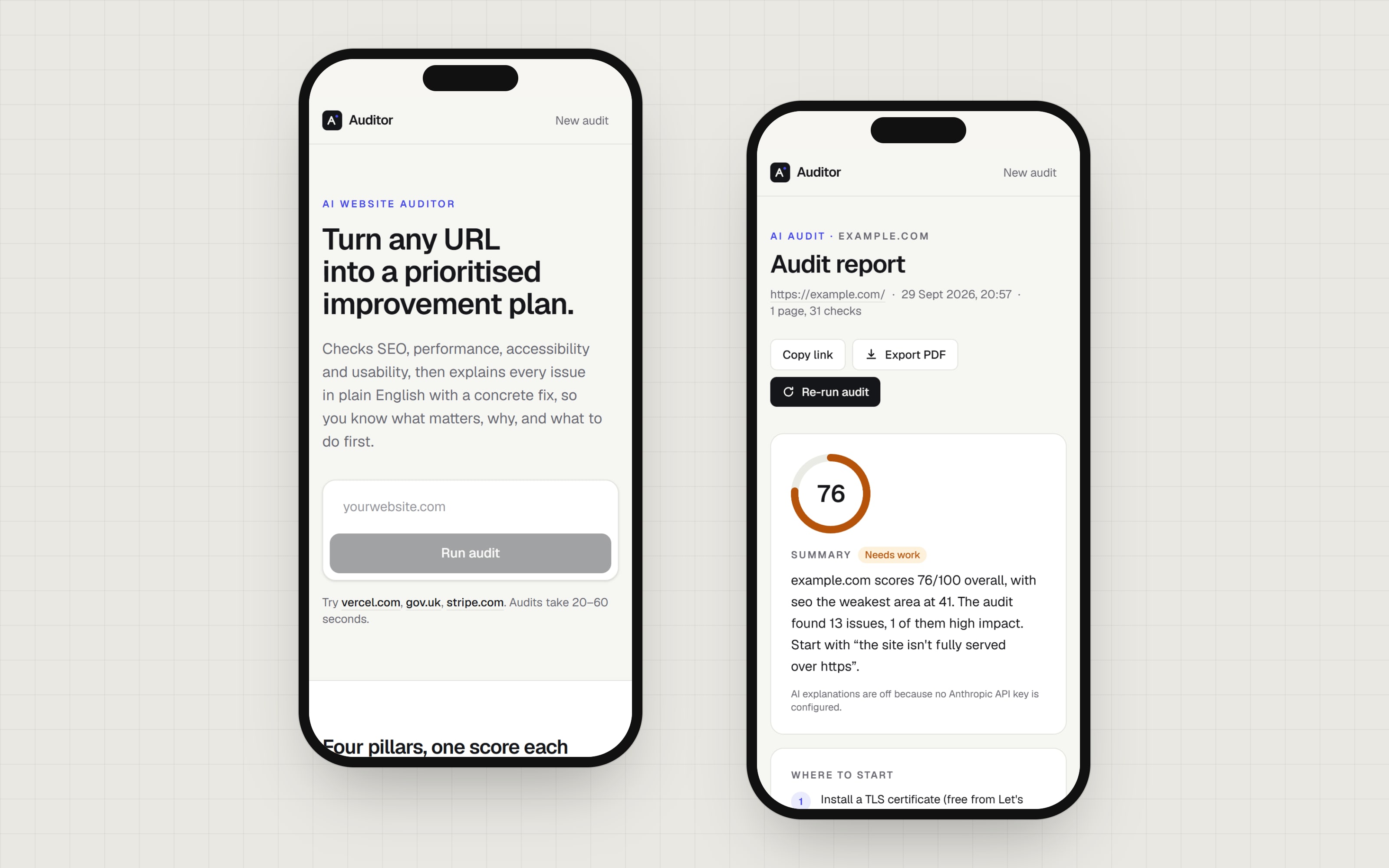 AI Website Auditor — On a phone