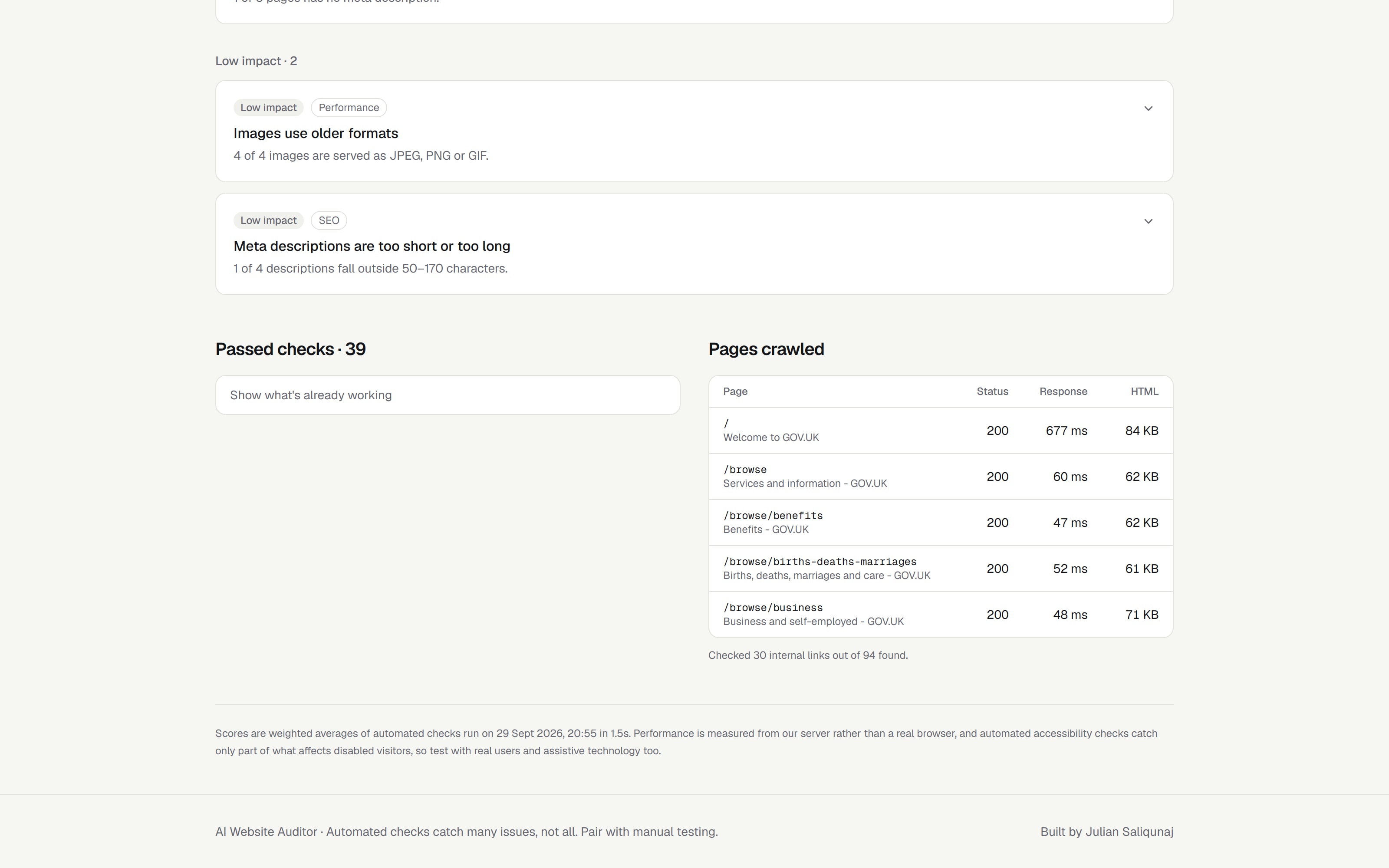 AI Website Auditor — Passed checks and crawled pages